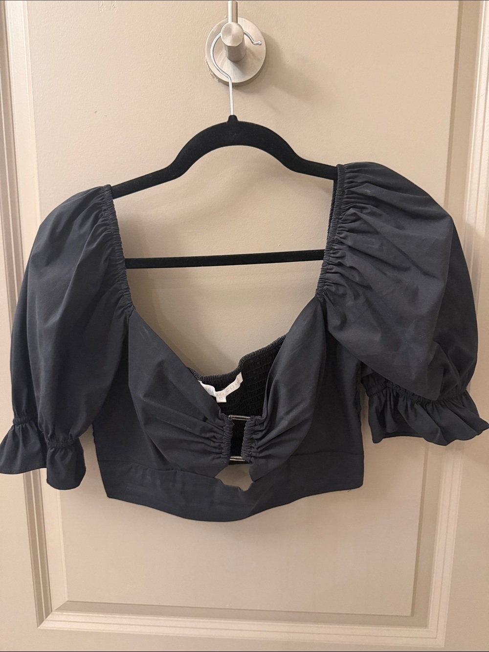 Black Puff-Sleeve Cropped Top with Front Tie